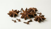 Aromatic star anise and cloves spices scattered on white background, perfect for culinary designs, cooking blogs, and food packaging projects.