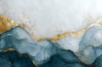Abstract mountain landscape in deep teal and gold watercolor with flowing liquid textures and metallic accents creates luxurious modern wall art design.