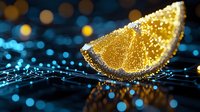 Fresh orange slice with sparkling sugar coating on dark background with blue bokeh lights and reflective surface creating magical food photography mood.