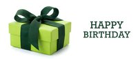 Green gift box with dark ribbon and Happy Birthday text on white background, perfect for greeting cards and celebration designs.