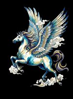 Watercolor pegasus with ornate wings in blue and gold tones, isolated on transparent background, ready for t-shirts, stickers, sublimation, and print on demand.