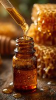 Golden honey drops from glass dropper into amber bottle with honeycomb in background on rustic wooden surface. Natural skincare ingredient.