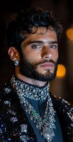 Middle Eastern man with beard wearing luxurious crystal embellished black outfit and jewelry against dark background with bokeh lights. Fashion portrait with dramatic lighting.