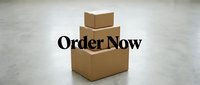 Stacked cardboard boxes on a concrete floor with bold Order Now text overlay, promoting e-commerce delivery and online shopping services.