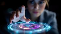 Young businesswoman interacting with glowing holographic circular interface display showing futuristic technology visualization in dark office setting.
