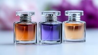 Luxury fragrance bottles in orange, purple and beige tones arranged in row on blurred background. Glass containers with crystal stoppers showcase elegant perfumes.