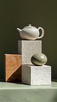 Modern still life composition with white ceramic teapot balanced on textured concrete blocks and rusty metal cube, featuring natural stone against dark green background.