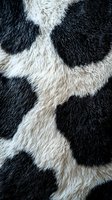 Close-up macro shot of black and white cow hide texture showing natural fur pattern and spots. Useful for animal print backgrounds and textile designs.