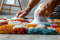 Professional cleaning of colorful shag carpet with foam soap, close-up view of hands scrubbing vibrant orange, red, blue and white textured rug on wooden floor.