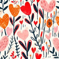 Romantic floral seamless pattern with hearts, leaves and branches in red, pink, and orange on white background. Repeating design for fabric, wallpaper and wrapping.