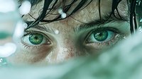 Young woman with striking green eyes and freckles surrounded by tropical foliage in natural outdoor portrait photography for lifestyle content.