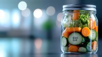 Fresh vegetables in glass mason jar with sliced carrots, cucumber and parsley against blurred bokeh background, healthy eating and food preservation concept.