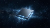Futuristic microchip processor with glowing blue energy waves and circuit patterns on dark background, representing advanced technology and computing power.