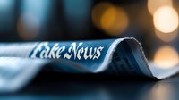 Newspaper headline showing "Fake News" text with blurred bokeh lights in background, selective focus on printed words. Concept of misinformation and media bias.