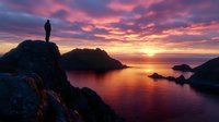 Silhouette of person standing on rocky cliff overlooking calm ocean waters during dramatic sunset with vibrant pink and purple clouds reflecting on water surface.