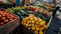 Fresh organic produce displayed in wooden crates at farmers market stall, including vibrant tomatoes, lemons, zucchini, and seasonal vegetables arranged for retail sale.