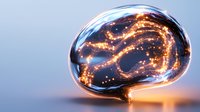 Glowing brain with neural network connections and bright orange lights inside transparent glass sphere on gradient background for medical technology concepts.