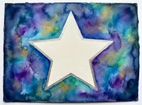 White star cutout on vibrant watercolor galaxy background with purple, blue and green cosmic swirls for creative projects and celestial designs.