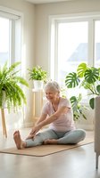 Senior Caucasian woman practicing yoga stretches on mat at home surrounded by houseplants in bright living room for wellness and healthy aging lifestyle.