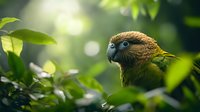 Brown parrot with blue eyes peering through green foliage in natural habitat, soft bokeh background creates dreamy atmosphere for wildlife photography.
