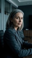 Senior woman with gray hair wearing dark blazer in modern office setting, looking over shoulder with confident expression for corporate, business, and professional themes.