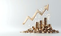 Golden coins stacked with sparkling upward arrow graph, symbolizing financial growth, investment success, and economic prosperity.
