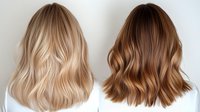 Comparison of blonde and brunette wavy hairstyles on white background showing trendy medium length cuts with natural-looking balayage color techniques.