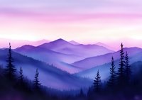 Misty mountain landscape at dawn with layered purple peaks and silhouettes of pine trees against foggy valleys in atmospheric watercolor style.