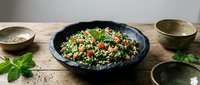 Fresh tabbouleh salad with parsley, tomatoes and bulgur wheat in dark bowl on rustic wooden table. Healthy Mediterranean cuisine for restaurant menus.