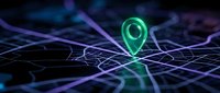 Glowing green location pin marker on digital map with network connections and data visualization for navigation and GPS technology applications.