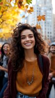 Happy young woman with curly hair smiling in autumn city street with falling leaves and warm golden light creating joyful seasonal atmosphere.