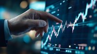 Male hand pointing at financial chart on digital screen showing market growth trends and stock analysis data visualization in dark blue modern office environment.
