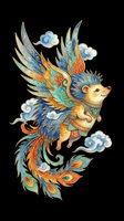 Ornamental flying creature with elaborate blue, gold, and orange feathered wings, decorative clouds, and Asian-inspired patterns. Isolated on transparent background, ready for t-shirts, stickers, sublimation, and print-on-demand designs.