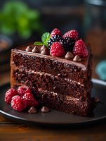 Rich chocolate layer cake slice garnished with fresh raspberries, blackberries and mint leaves on dark plate, creamy ganache frosting and chocolate drops decoration.