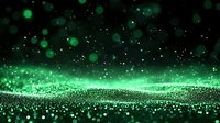 Magical green glitter particles floating on black background with bokeh light effects and sparkles creating dreamy atmospheric surface. Suitable for fantasy designs.