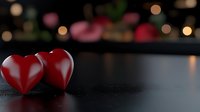 Two glossy red hearts on dark reflective surface with soft bokeh lights in background creating romantic Valentine's Day atmosphere.