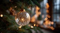Elegant crystal glass Christmas ornament hanging on evergreen tree branch with warm golden bokeh lights creating festive holiday atmosphere for seasonal decor.