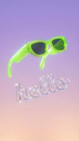 Neon green sunglasses floating above a glossy chrome hello text on a pastel purple gradient background, trendy Y2K retro summer aesthetic.