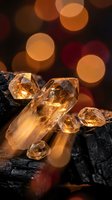 Golden citrine crystals on dark charcoal with warm bokeh lights creating magical healing energy atmosphere for wellness and spiritual practices.