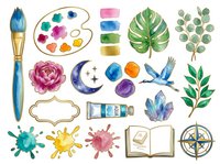 Watercolor painting supplies and botanical elements isolated on white background, including brushes, palette, flowers, leaves, crystals, and decorative objects for design projects.