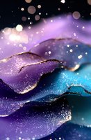 Abstract fluid art with purple and turquoise waves decorated with golden glitter and bokeh effects creating magical ethereal background for luxury designs.