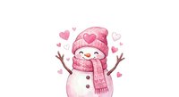 Cute pink snowman with heart hat and scarf spreading joy with raised stick arms surrounded by floating hearts on white background for Valentine's Day designs.
