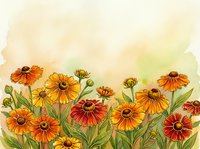 Watercolor wildflower meadow with orange and yellow blooms on textured paper background for botanical art and nature-themed design projects.