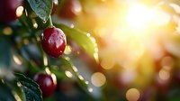 Ripe red berries hanging on branch with green leaves and water droplets, bathed in warm golden sunlight with soft bokeh background, suitable for nature and food photography projects.