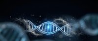 Glowing DNA double helix structure with digital particles and light effects on dark background for science and biotechnology concepts.