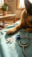 Brown tabby cat resting on examination table with stethoscope and medication pills during veterinary checkup in bright clinic room with potted plant.