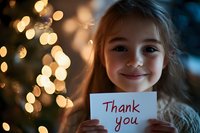 Young girl holding thank you note with warm bokeh lights and Christmas tree in background, expressing sincere gratitude with gentle smile. Cozy holiday atmosphere.