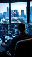 Asian male trader analyzing financial data on multiple screens during evening hours, with city skyline and bokeh lights visible through office window.