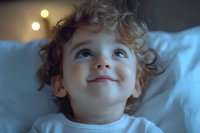 Young child with curly hair and bright smile looking up with wonder and joy while lying on white bedding, captured in soft evening light with bokeh effect.
