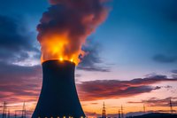 Nuclear power plant cooling tower emitting steam against dramatic sunset sky with orange clouds and electrical transmission towers silhouetted on horizon.